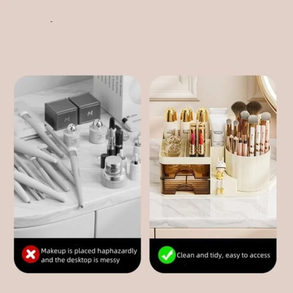 New Cream Makeup Organizer, 2-Drawer Vanity Storage with Rotating Brush Holder